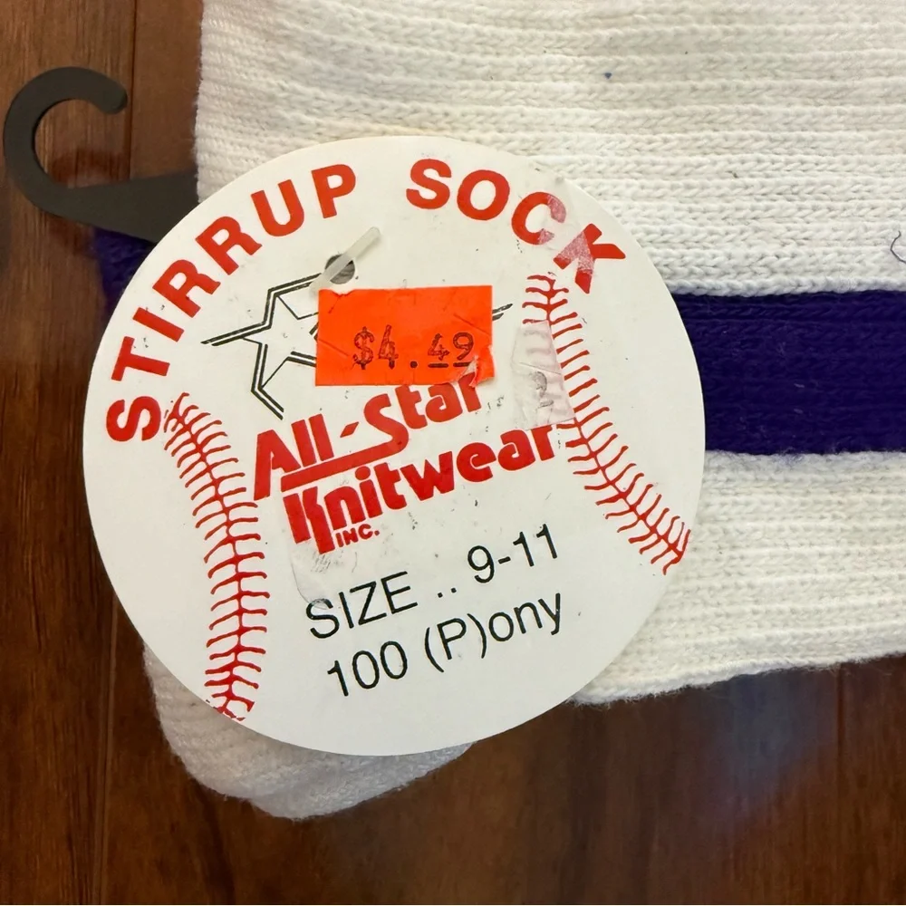 NWT Vintage All-Star Knitwear Baseball Socks White Purple Stripe Size 9-11 USA